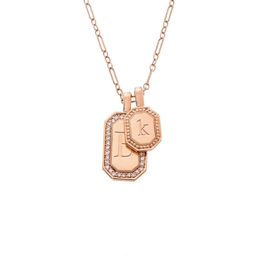 Necklaces Sethi Couture | P.S. Tag Rose Gold Large Tag With Diamonds + Small Tag On Paper Clip Chain